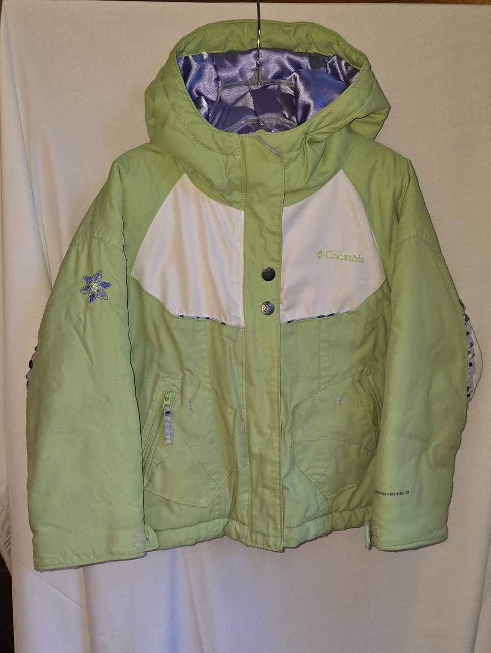 Columbia Girls 4/5 Light Green and White Hooded Puffer Jacket with Purple Lining